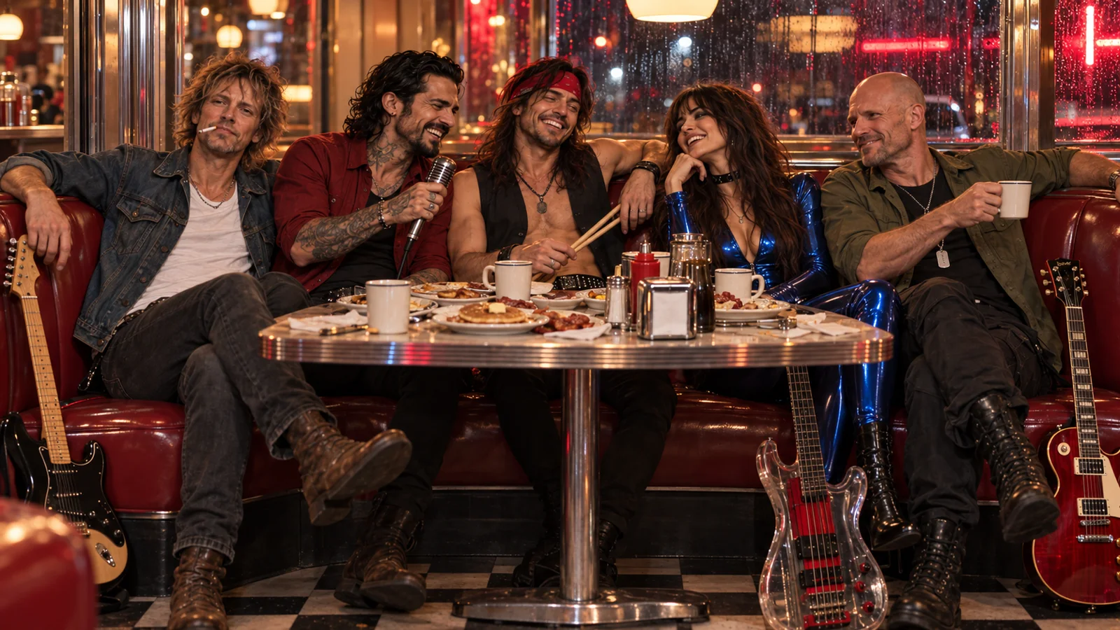 The five band members laughing in a booth at an all-night diner