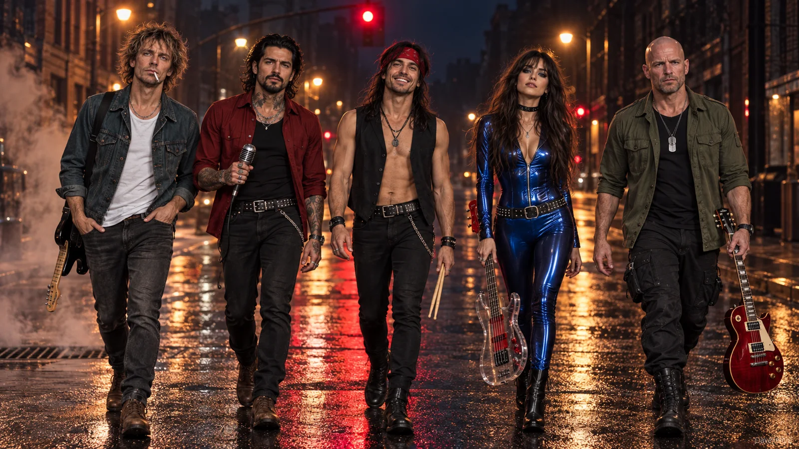 The five members of Loud Revolution walking toward the camera down a rain-soaked street at night under a red traffic light